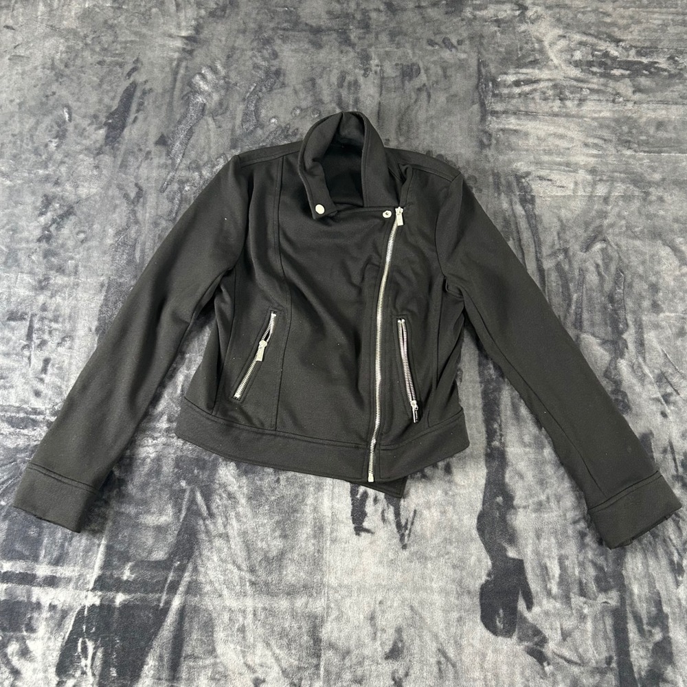 T Tahari Moto Jacket Women XS Black Asymmetrical Zip Stretch Knit 1891